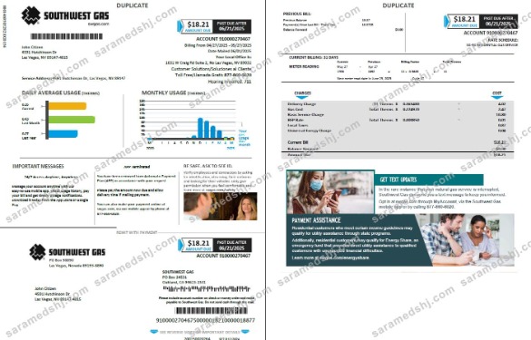 USA Southwest Gas utility bill template in Word and PDF formats, 2 pages